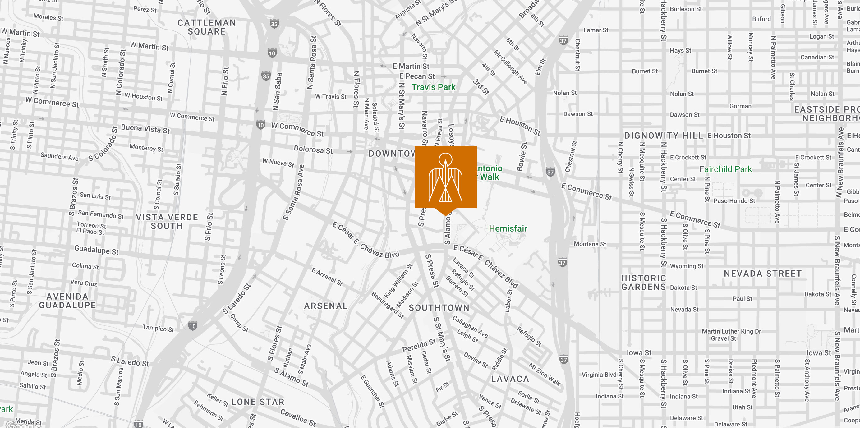 street map of Santo Hotel in San Antonio using orange map pin with bird logo